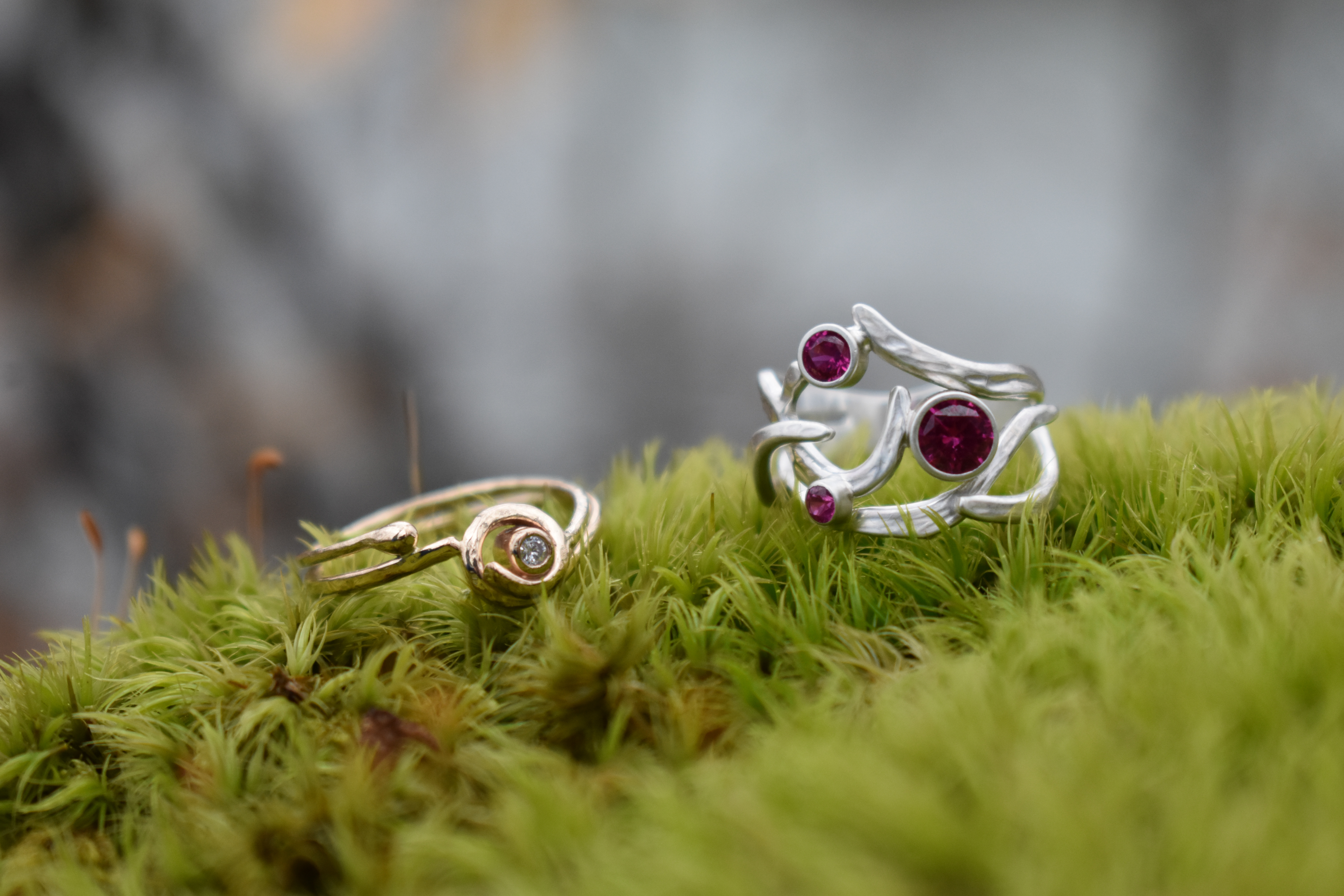 A photo of a diamond ring next to a ruby ring